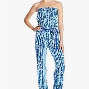 Lilly Pulitzer Tia Blue and White Strapless Jumpsuit with Elastic Waistband